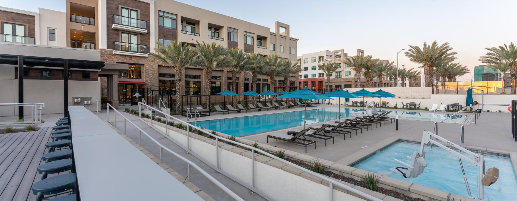 a swimming pool in a resort