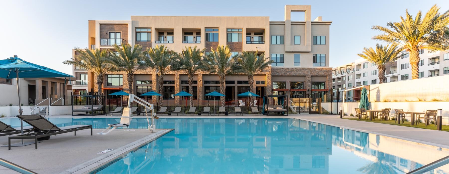 a pool in front of a building