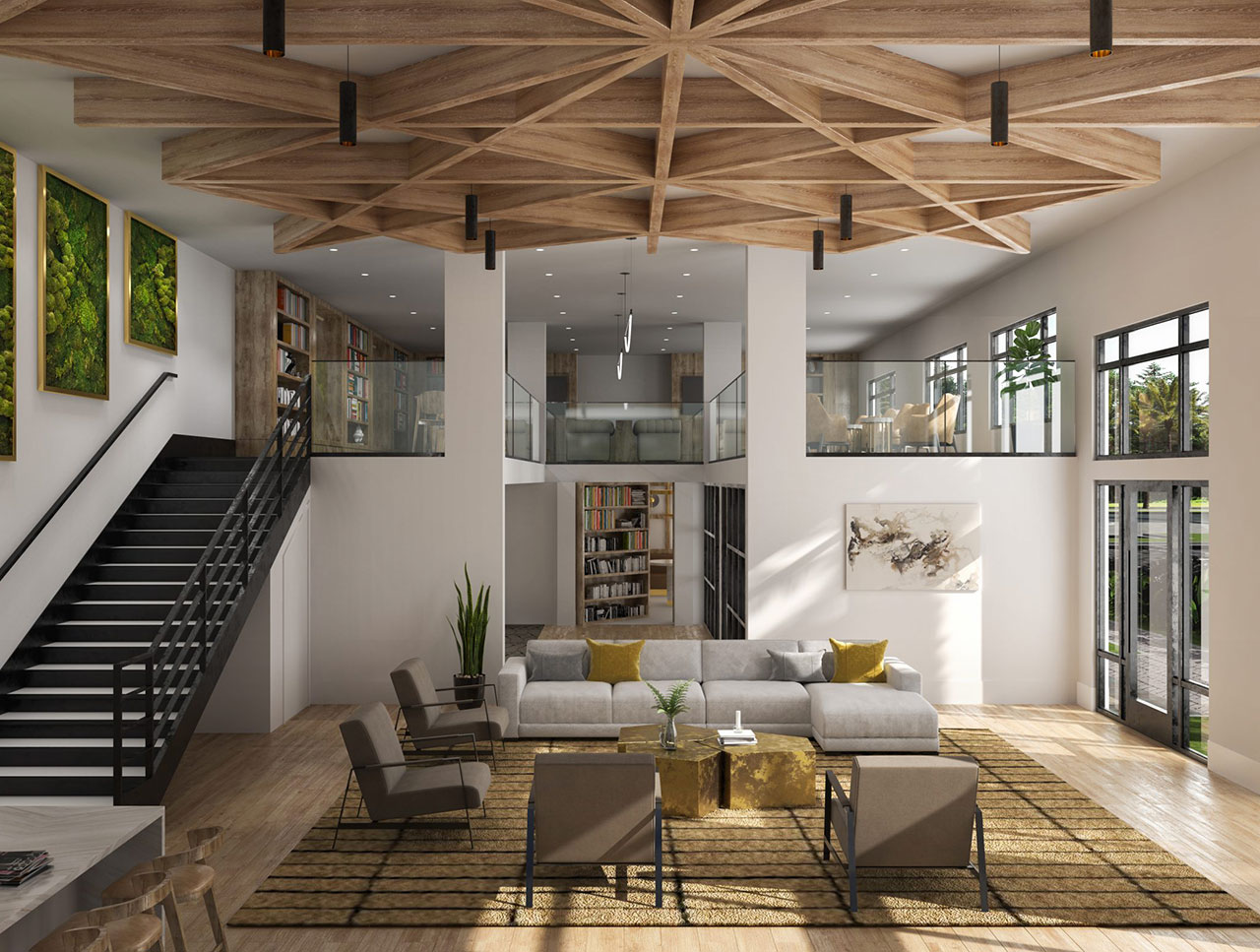 Double-story lounge area in a modern apartment complex featuring stylish furniture and decor.